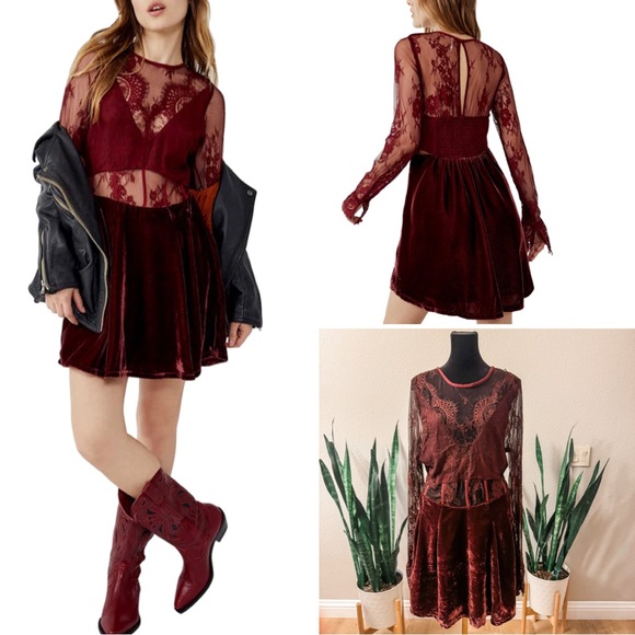 NWOT FREE PEOPLE LONG SLEEVE LACE DRESS IN GARNET VELVET SHEER CUTOUT‎ FALL